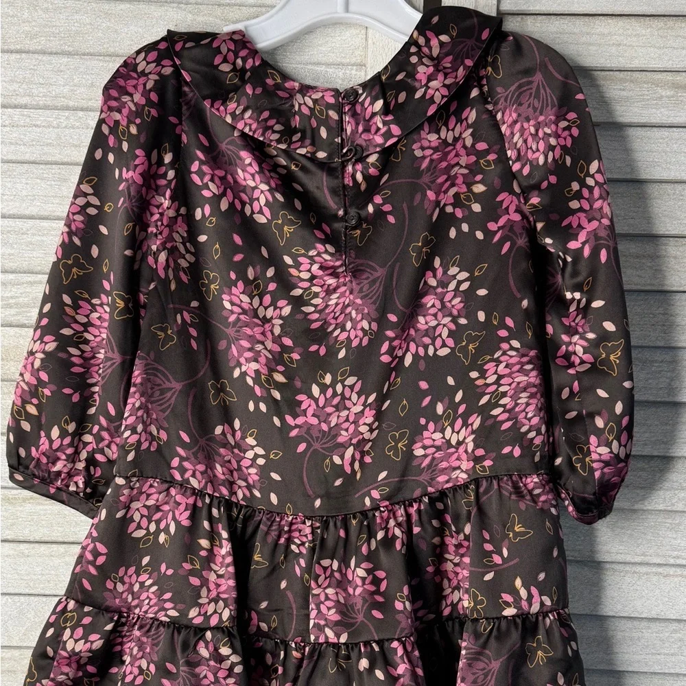 GAP Toddler Girls Satin Floral Ruffle Dress Brown Pink Tiered SZ 2T Cottagecore